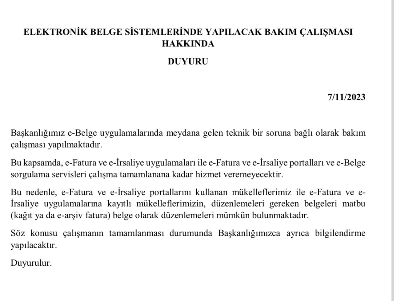 Gib Bakım Çalışması Duyurusu Hakkında